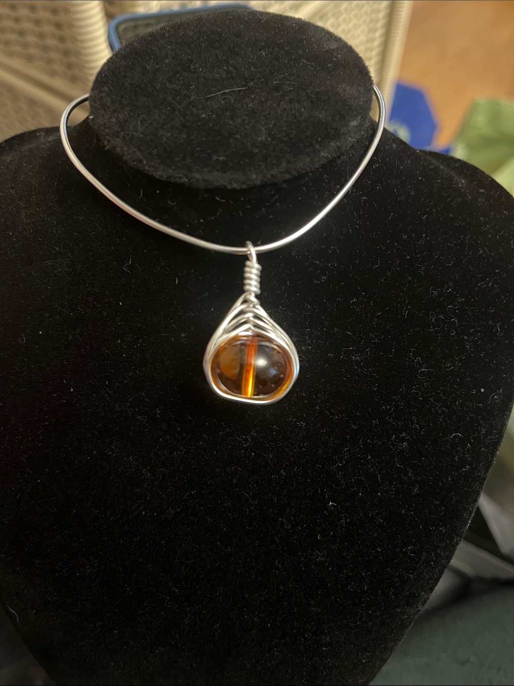 Handcrafted Amber stone Pendant - Silver Wire Wrapped on 18” Sterling chain